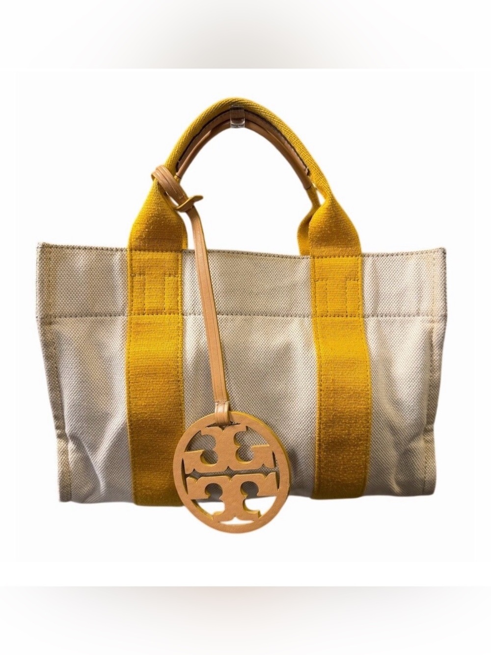 Tory Burch Canvas Tote with Yellow Straps and Tan Logo Charm